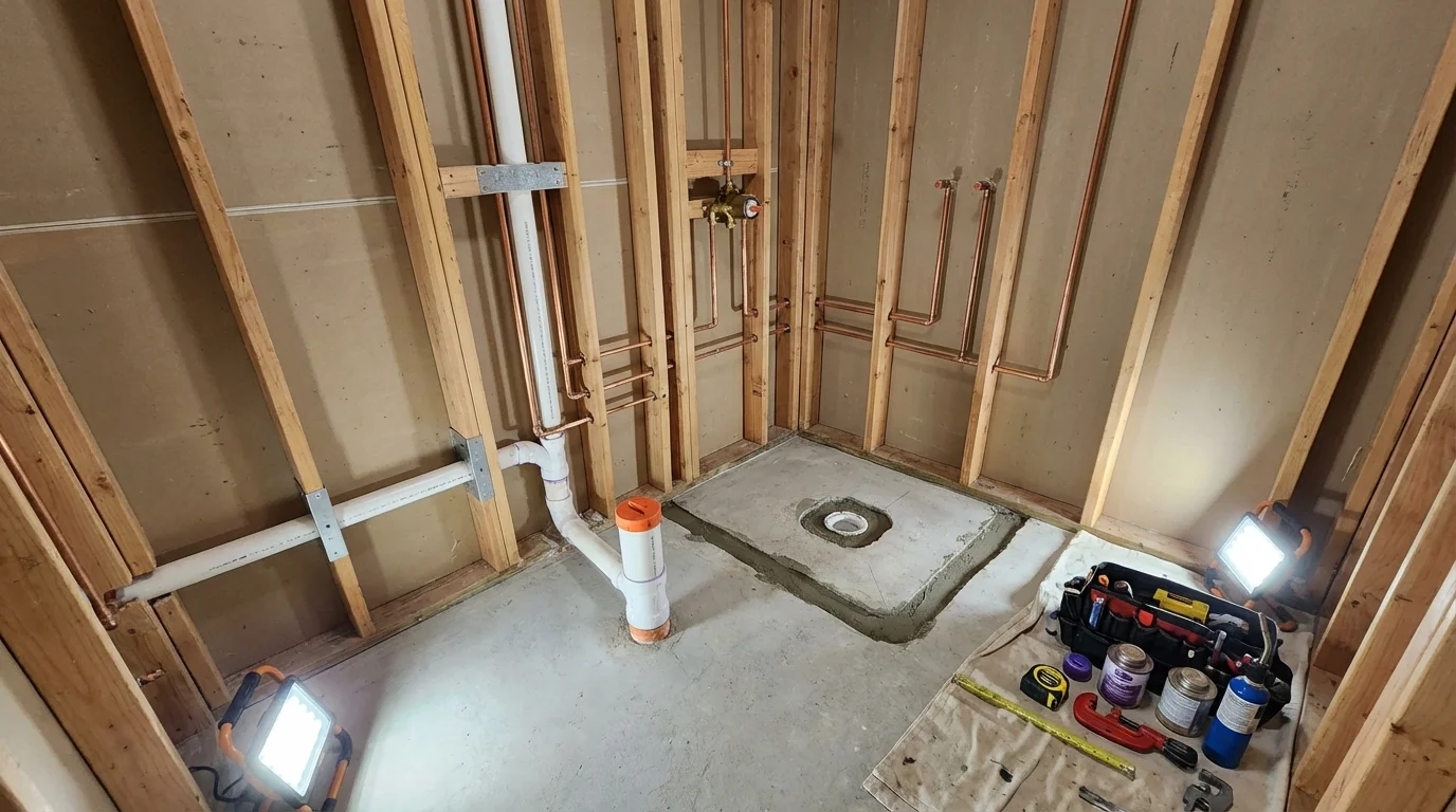 Bathroom rough-in plumbing during remodel by Johns Plumbing LLC in George