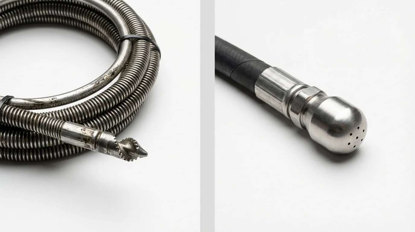 Drain snake cable and hydro jetting nozzle used for drain cleaning in George, IA