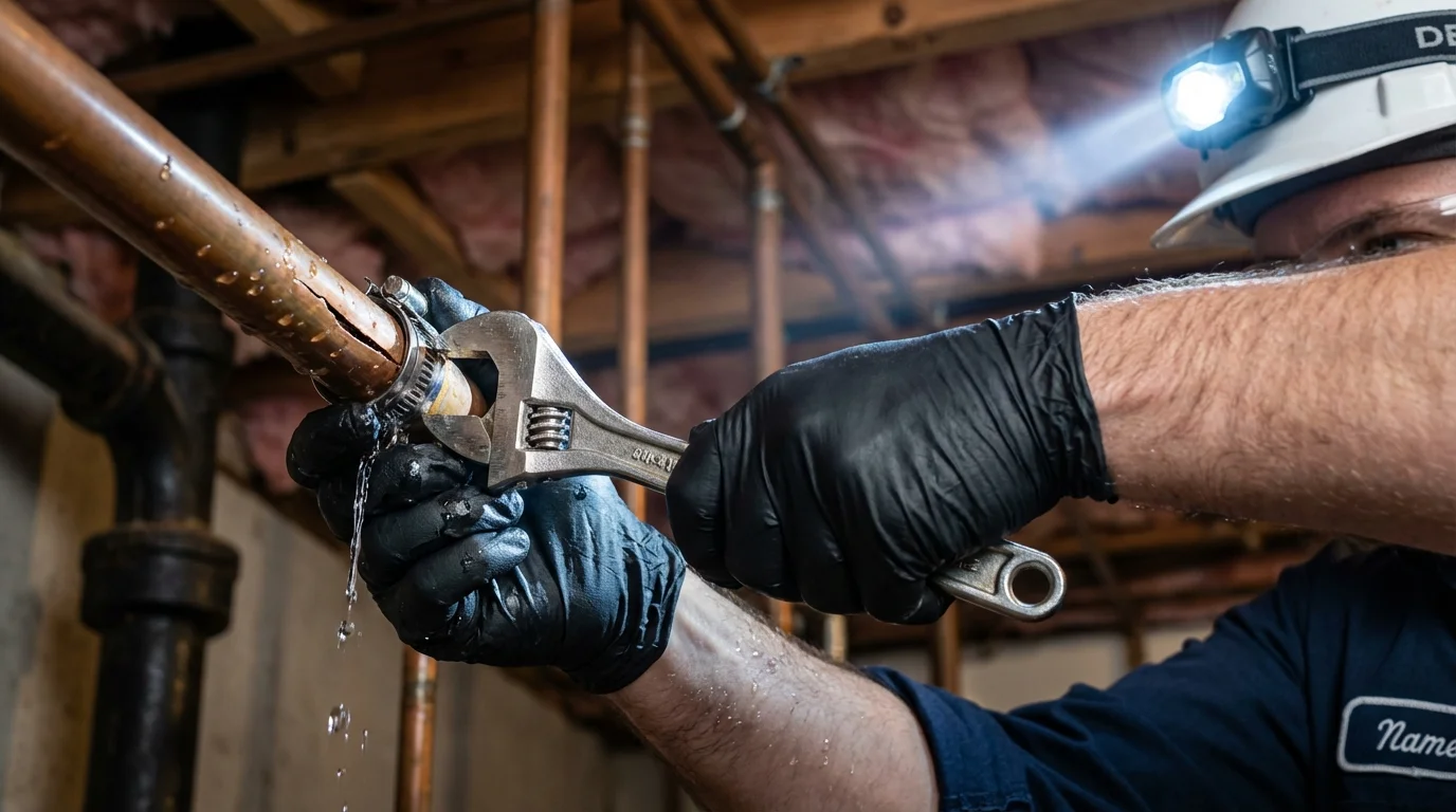 Emergency pipe clamp repair being performed by a Johns Plumbing LLC plumber in George