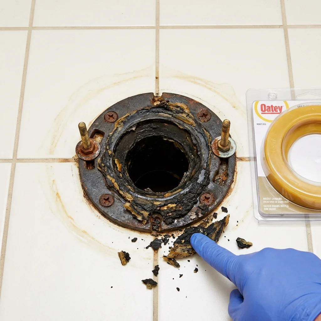 Failed wax ring showing water seepage at the base of a toilet in a George, IA home