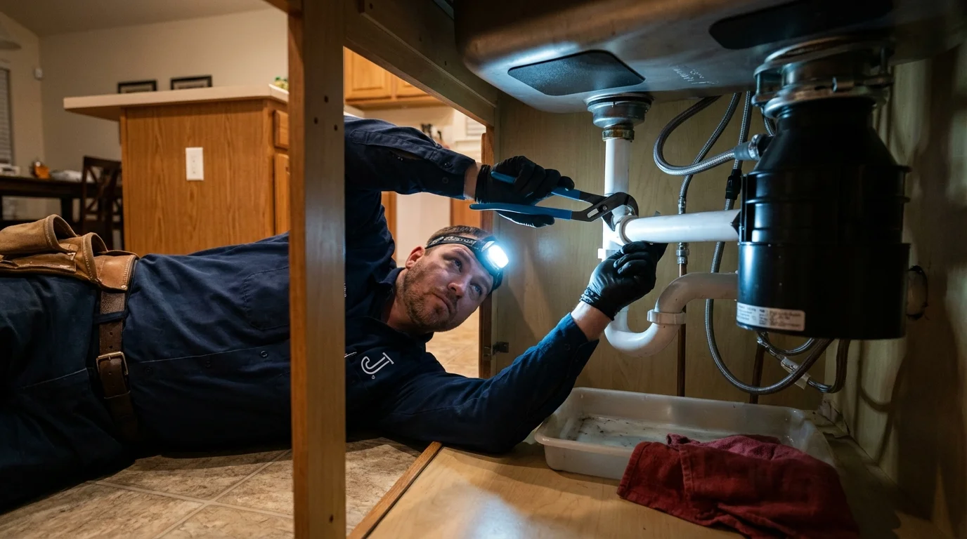 P-trap and supply line connections under a kitchen sink showing a common leak point in George, IA